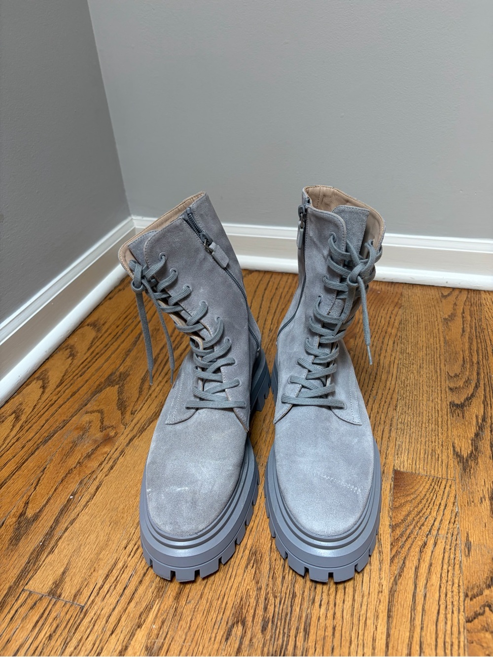 Stuart Weitzman Light Gray Suede Lug-Sole Lace-Up Boots